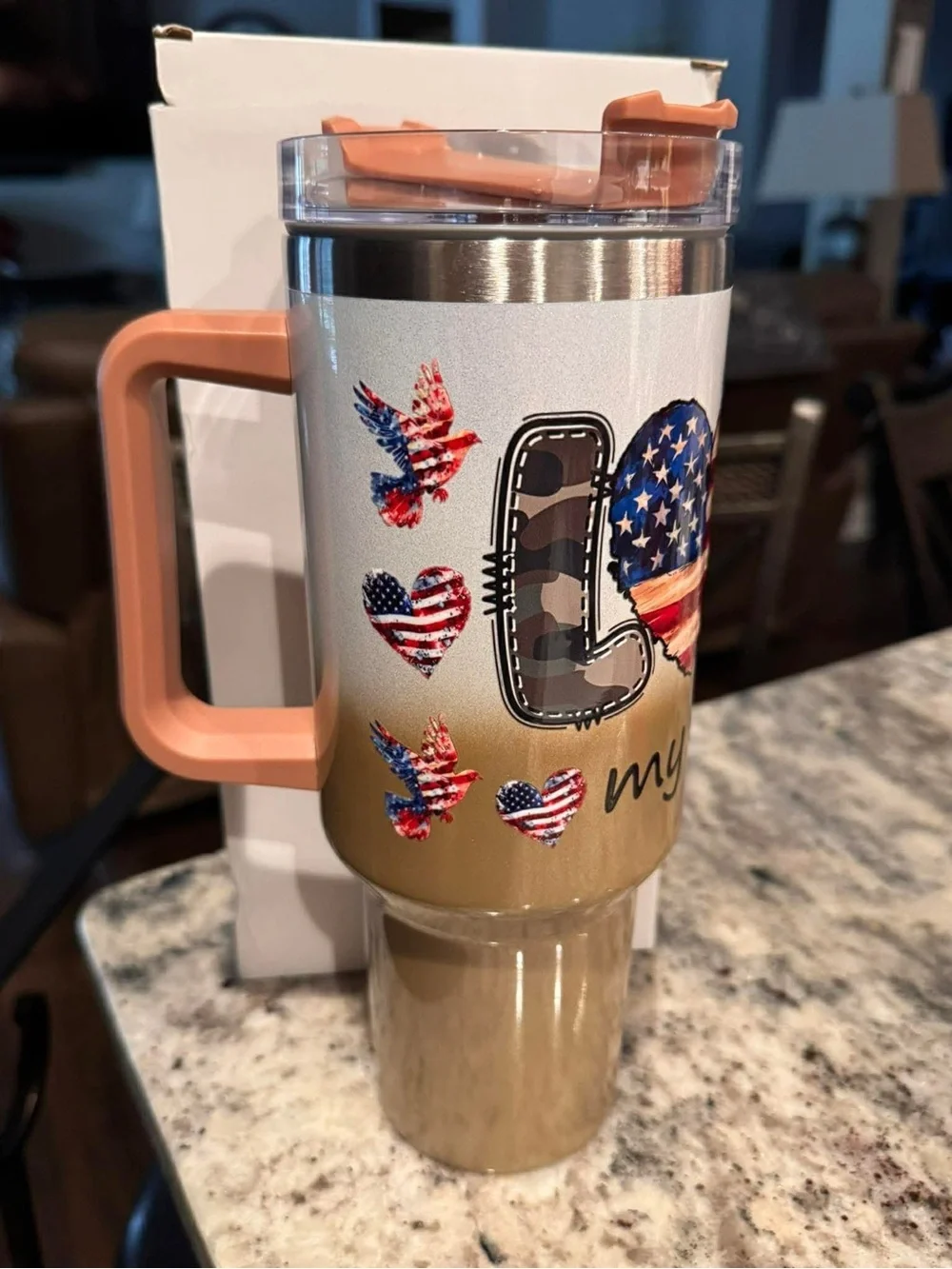 Hand Crafted Tan & Peach Veteran Boot Travel Mug NEW IN BOX WITH STRAW
